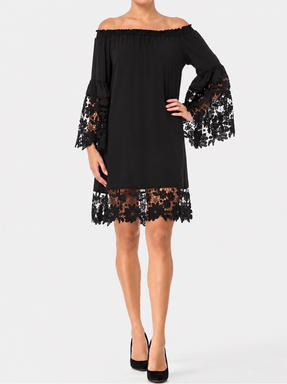 Joseph Ribkoff Black Floral Lace Off Shoulder Tunic Dress XL 181242